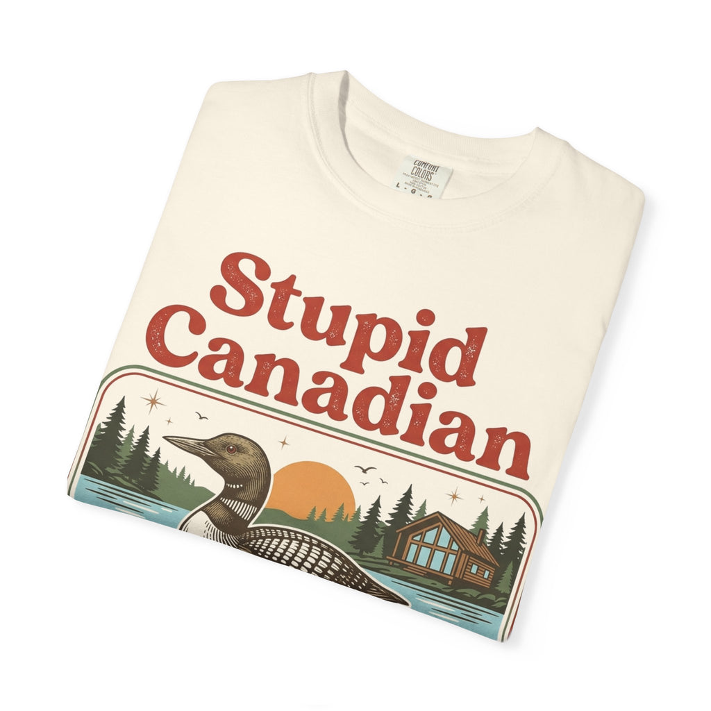 Stupid Canadian Wolf-Bird Classic Shirt, Loon Lake Scene Badge Tee, Funny Cabin Shirt, Lake Life Gift