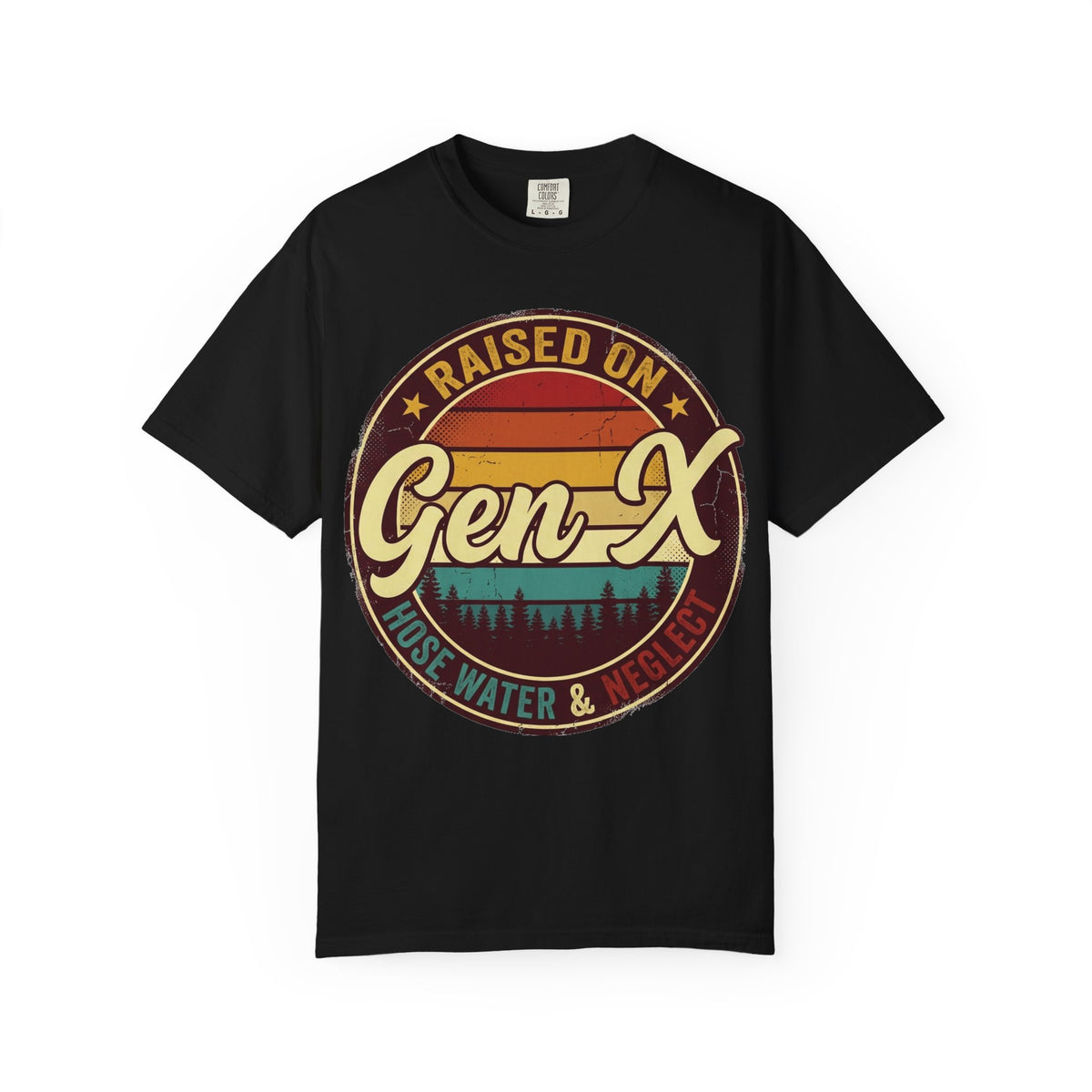 Gen X Retro Badge T-Shirt — "Raised on Gen-X" Vintage Sunset Tee
