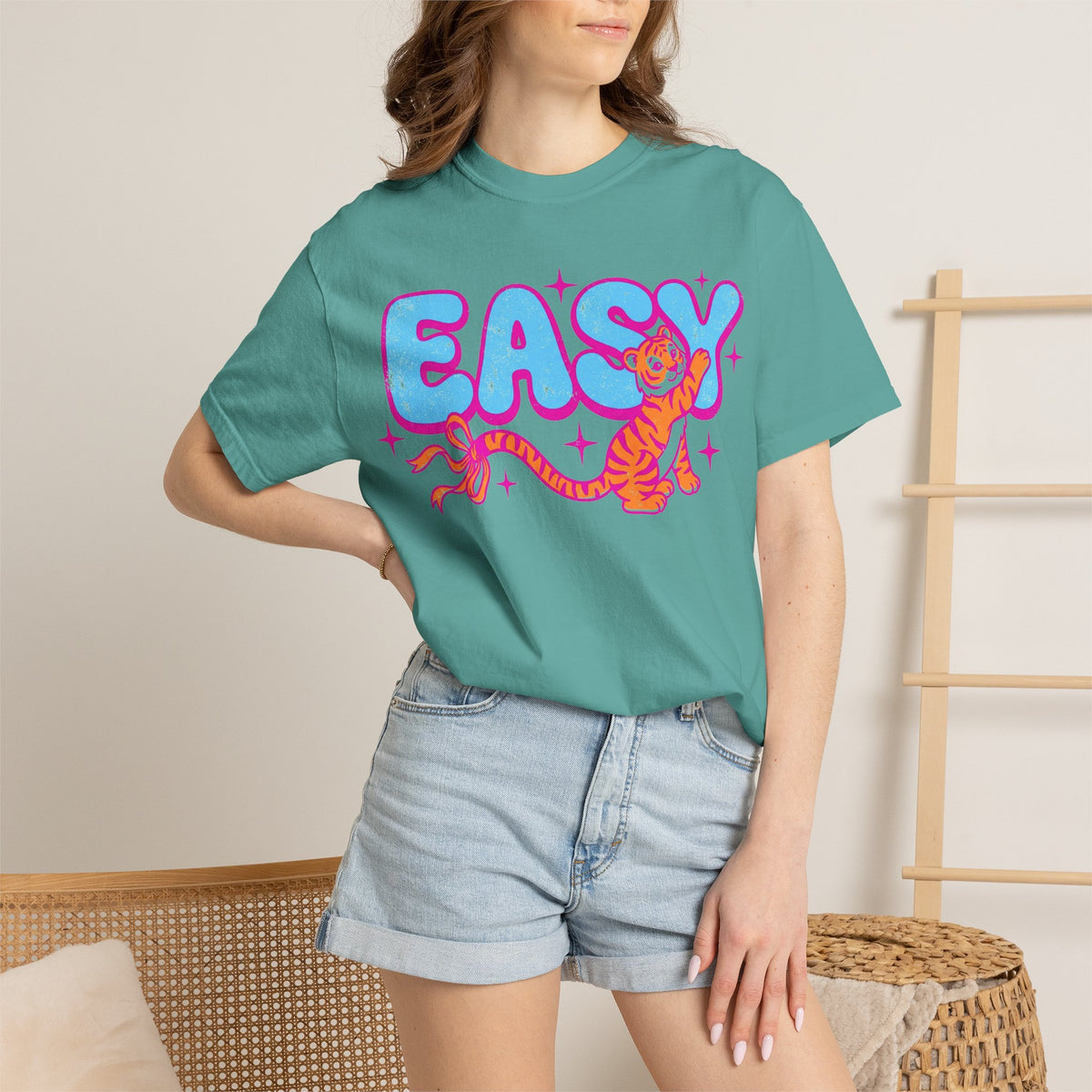 Easy Tiger Bow Shirt, Y2K Cub Bubble Type Tee, Retro Pink Blue Tiger Shirt, Trendy Gift