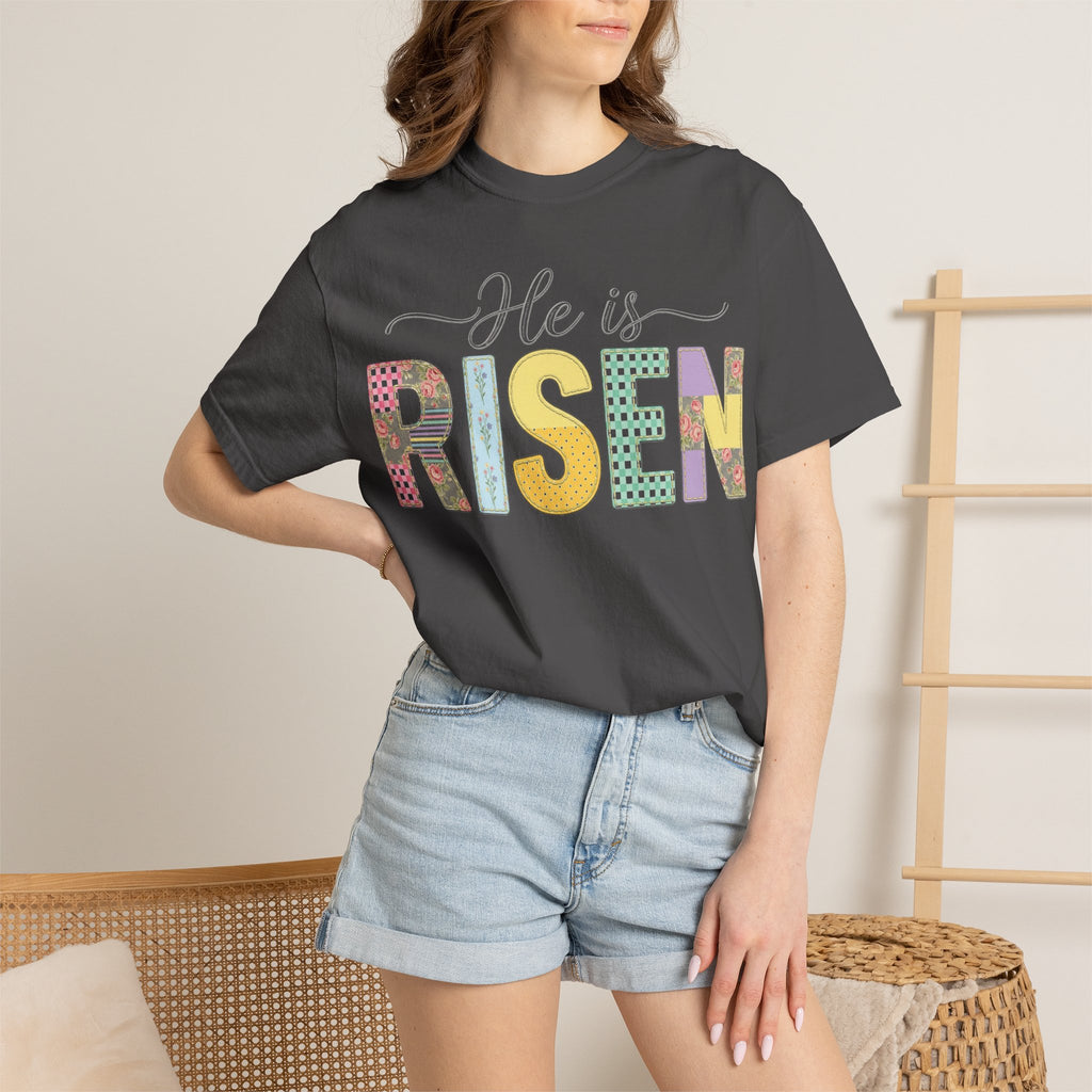 He Is Risen Floral Applique Shirt, Rose Gingham Easter Tee, Christian Patchwork Shirt, Easter Gift