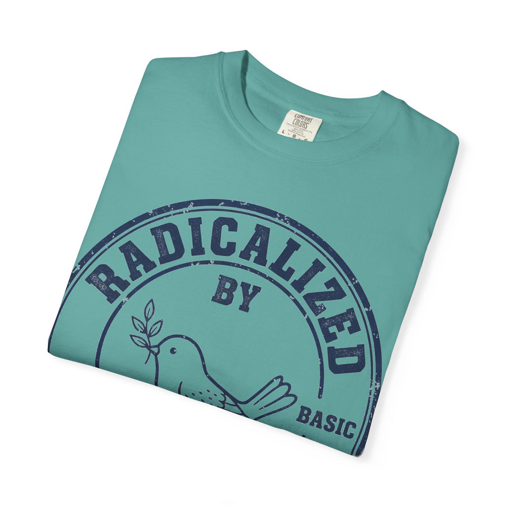 Radicalized By Basic Decency Navy Stamp Shirt, Line Art Dove Badge Tee, Kindness Protest Shirt, Activist Gift
