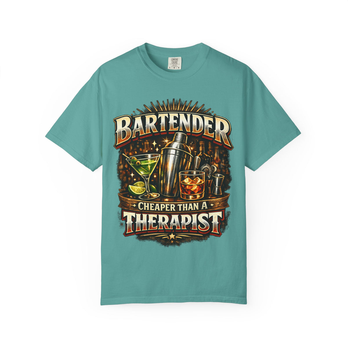Bartender T-Shirt — "Bartender: Cheaper Than a Therapist" Vintage Bar Graphic Tee