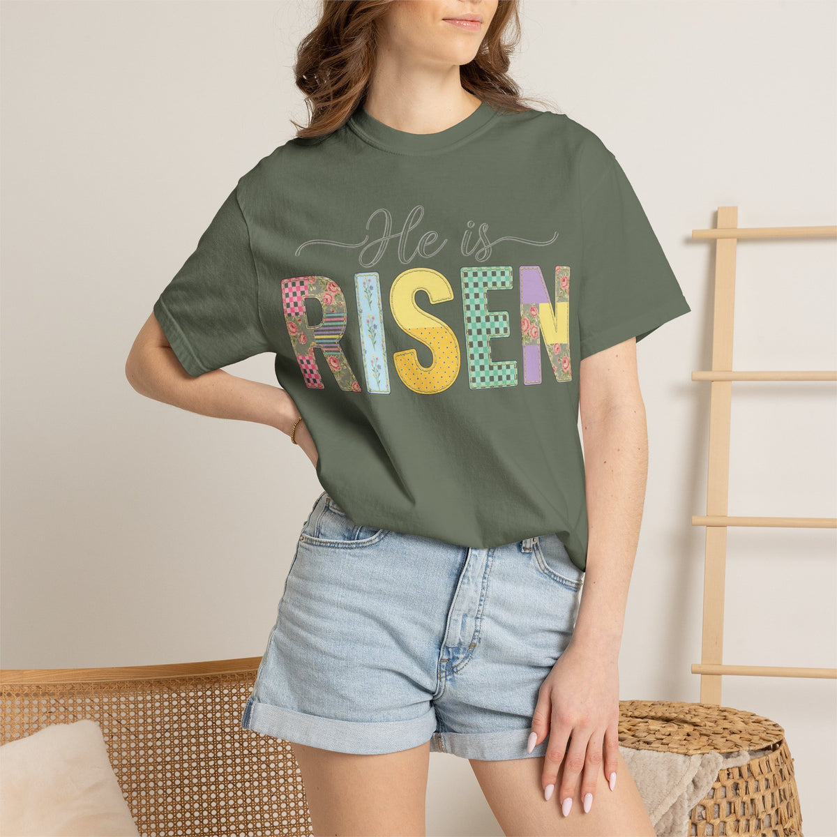 He Is Risen Floral Applique Shirt, Rose Gingham Easter Tee, Christian Patchwork Shirt, Easter Gift