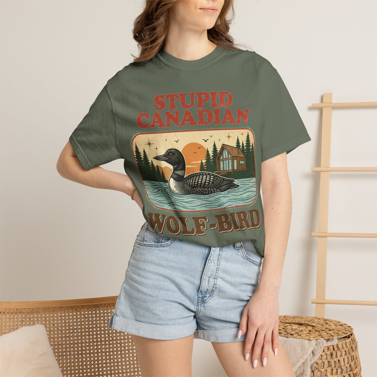 Stupid Canadian Wolf-Bird Shirt, Retro Loon Lake Badge Tee, Funny Canada Cabin Shirt, Lake Life Gift