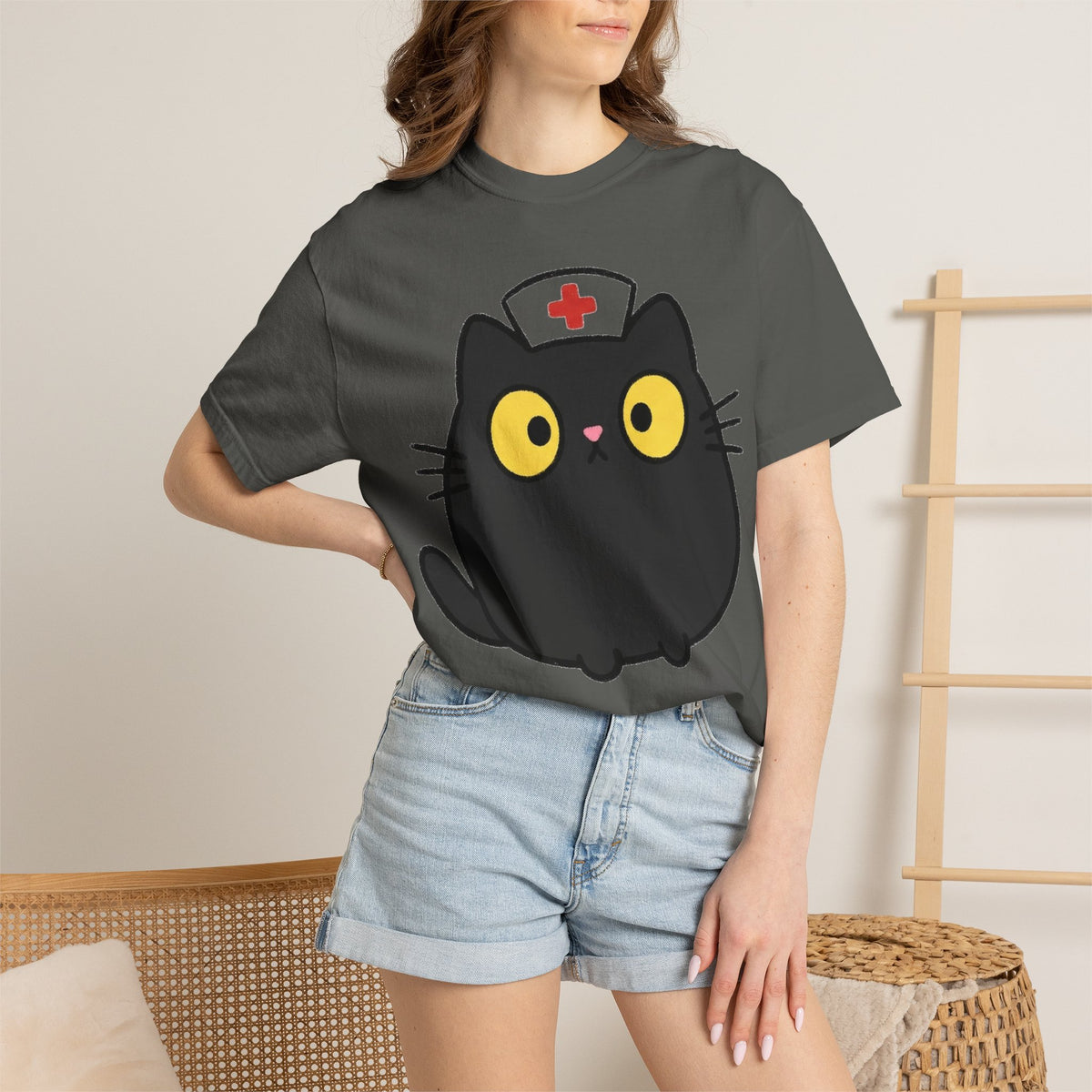Kawaii Black Cat Nurse Shirt, Cute Cat In Nurse Cap Tee, Funny Nurse Cat Shirt, RN Gift