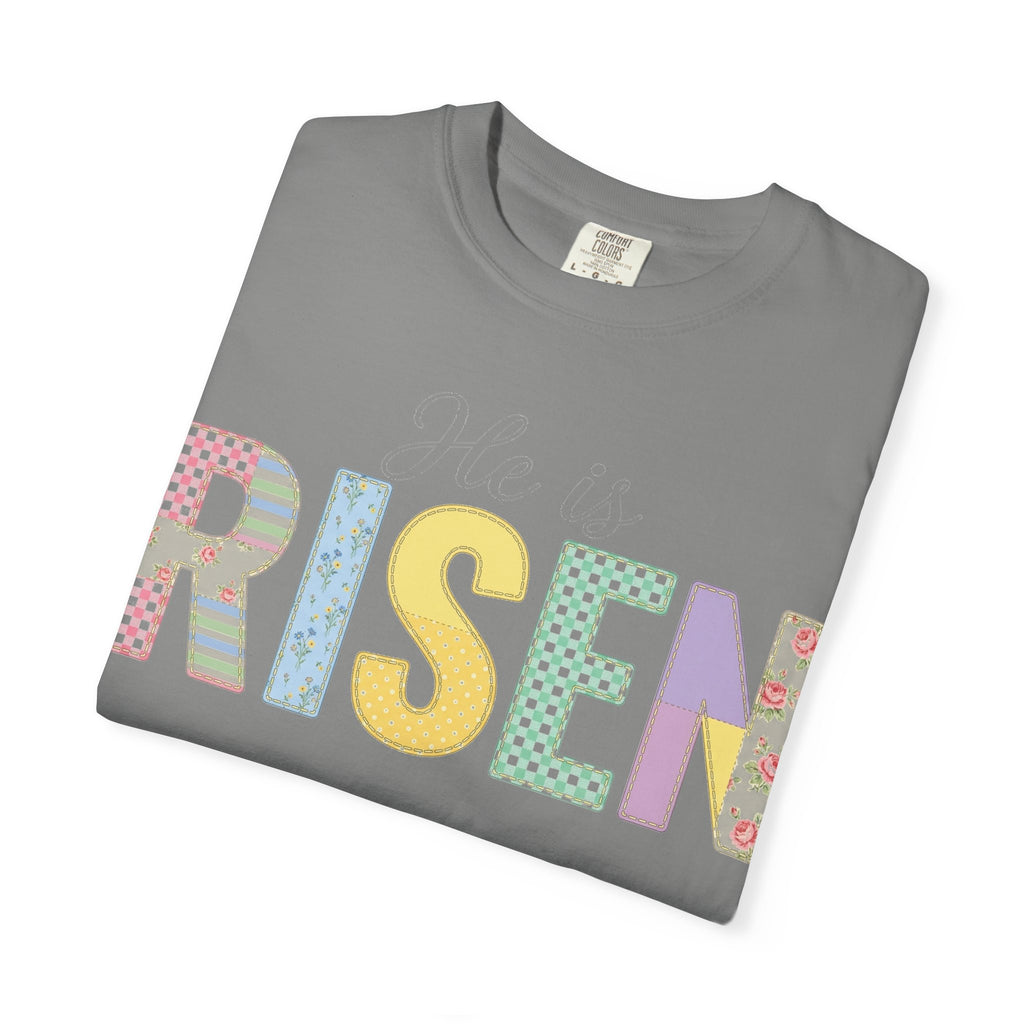 He Is Risen Patchwork Shirt, Faux Applique Easter Tee, Gingham Floral Christian Shirt, Easter Gift