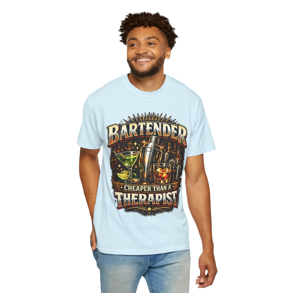 Bartender T-Shirt — "Bartender: Cheaper Than a Therapist" Vintage Bar Graphic Tee