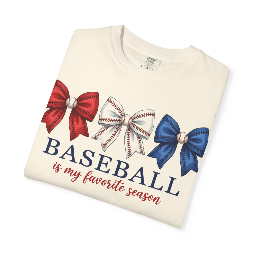 Baseball Is My Favorite Season Tee, Small Bow Trio Baseball Shirt, Coquette Sports Mom Shirt, Game Day Gift