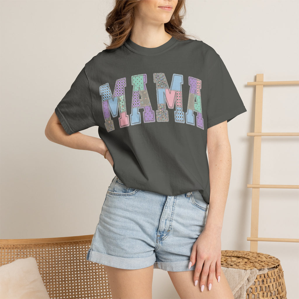 Mama Patchwork Shirt, Pastel Faux Applique Varsity Tee, Shabby Chic Mom Shirt, Mothers Day Gift