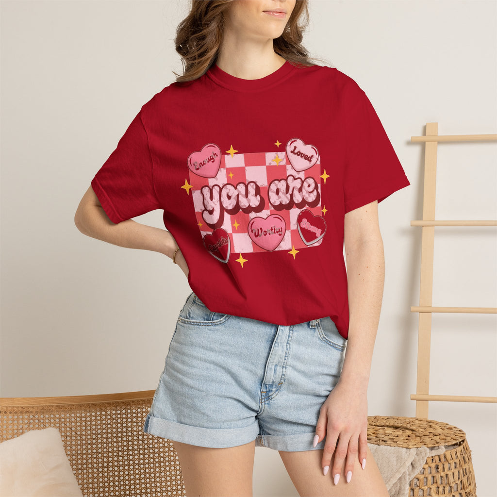 You Are Enough Pink Check Shirt, Affirmation Conversation Heart Tee, Valentines Shirt, Self Love Gift