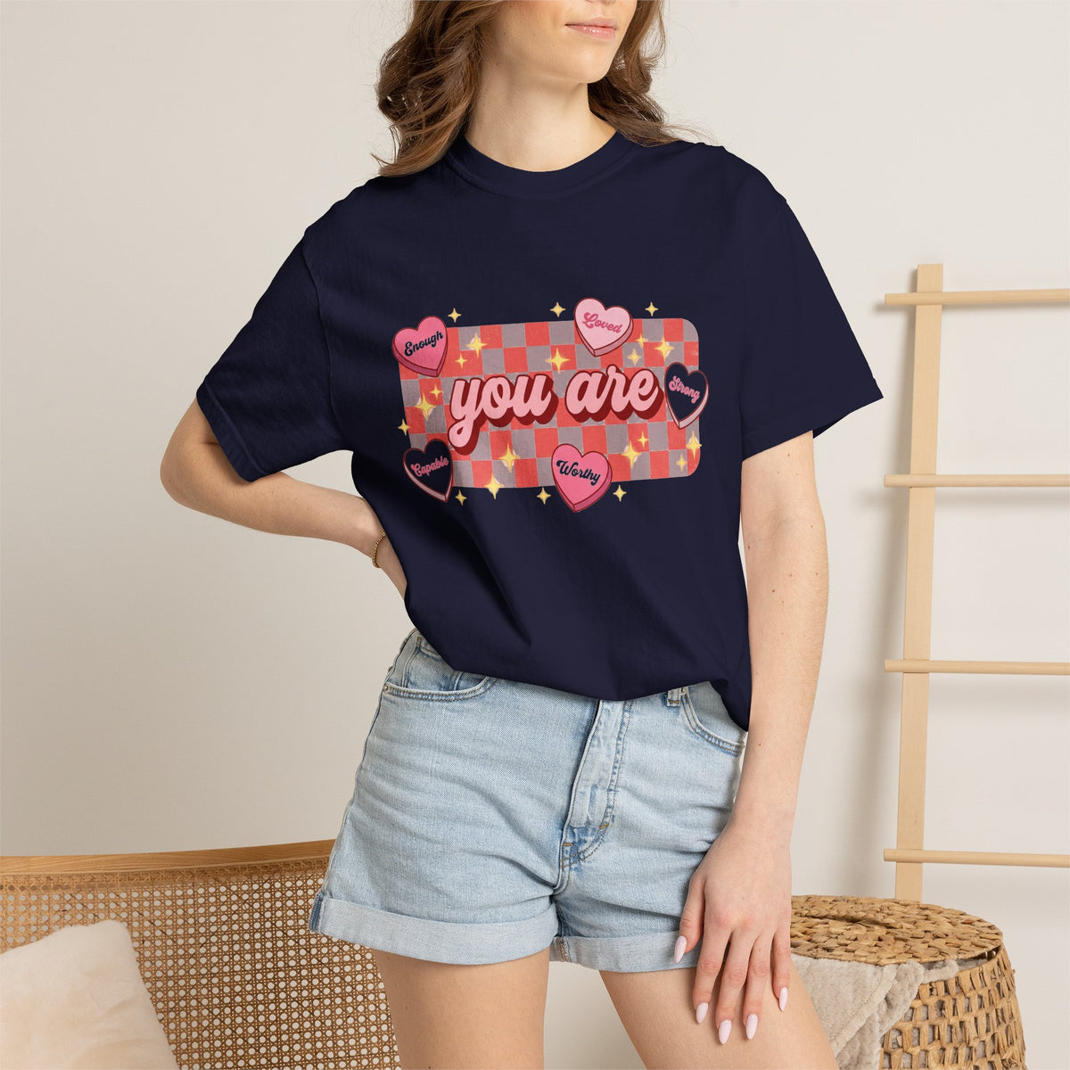You Are Enough Loved Worthy Shirt, Conversation Heart Checkerboard Tee, Affirmation Valentine Shirt, Gift For Her