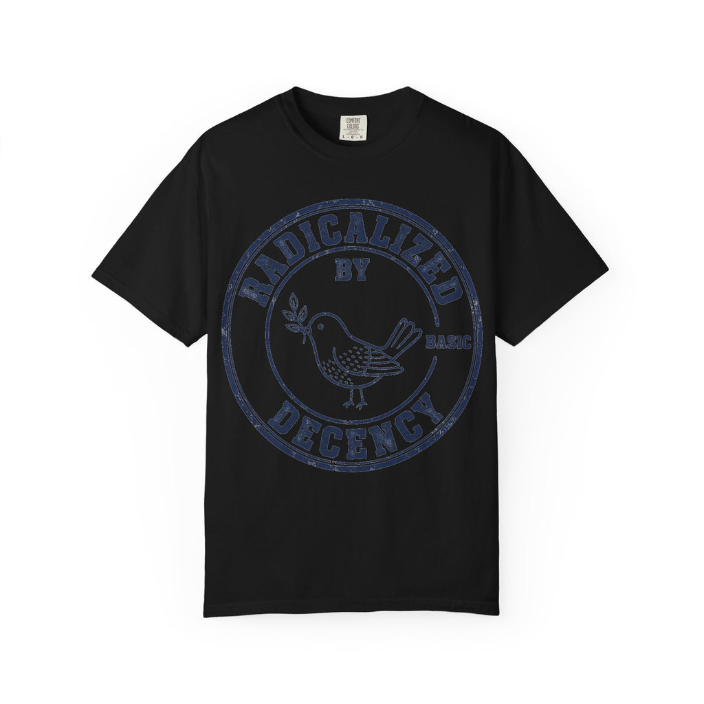 Radicalized By Basic Decency Navy Stamp Shirt, Line Art Dove Badge Tee, Kindness Protest Shirt, Activist Gift
