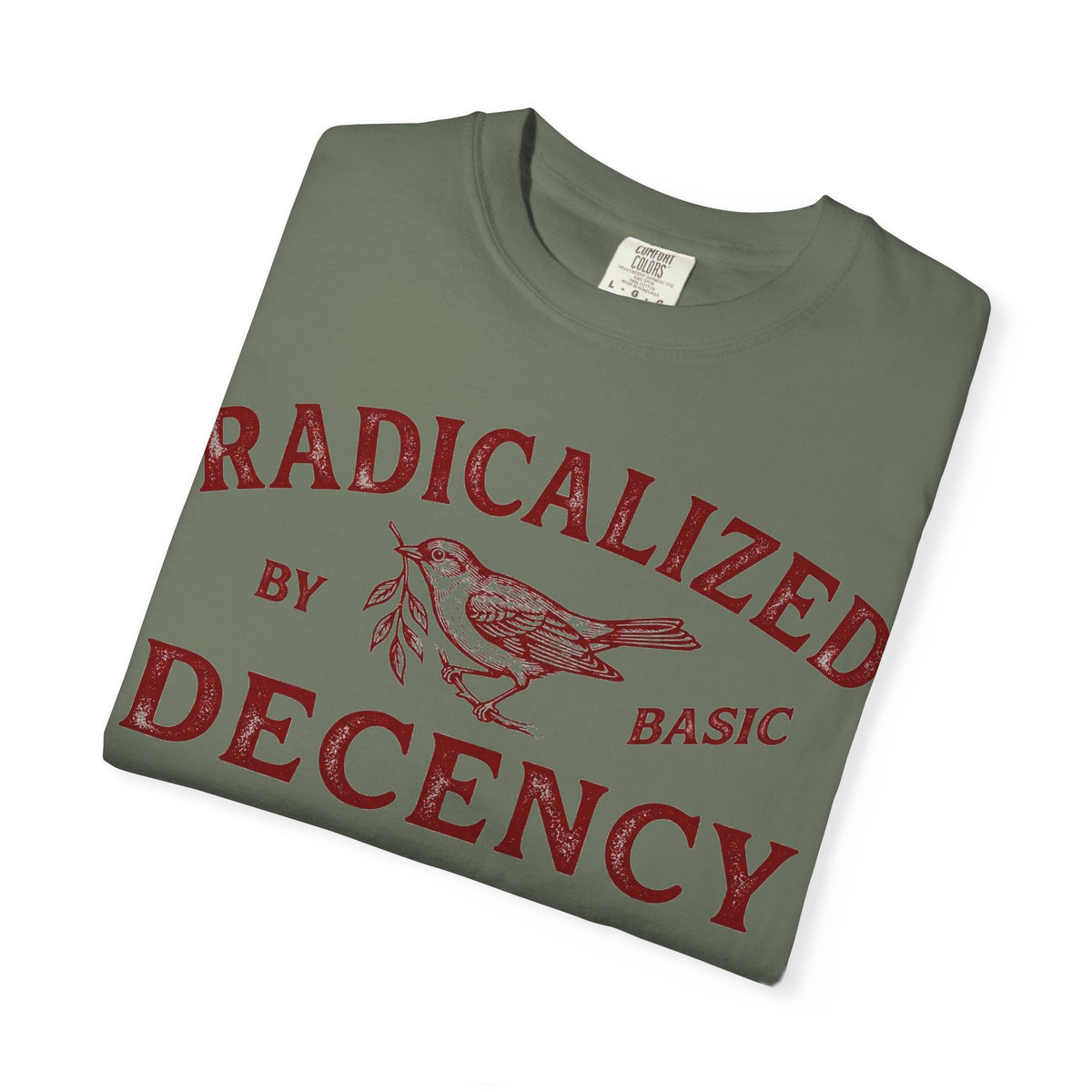 Radicalized By Basic Decency Bold Shirt, Engraved Bird Typography Tee, Kindness Statement Shirt, Protest Gift