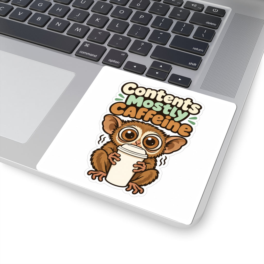 Contents Mostly Caffeine Sticker, Funny Coffee Decal, Cute Tarsier Water Bottle Sticker