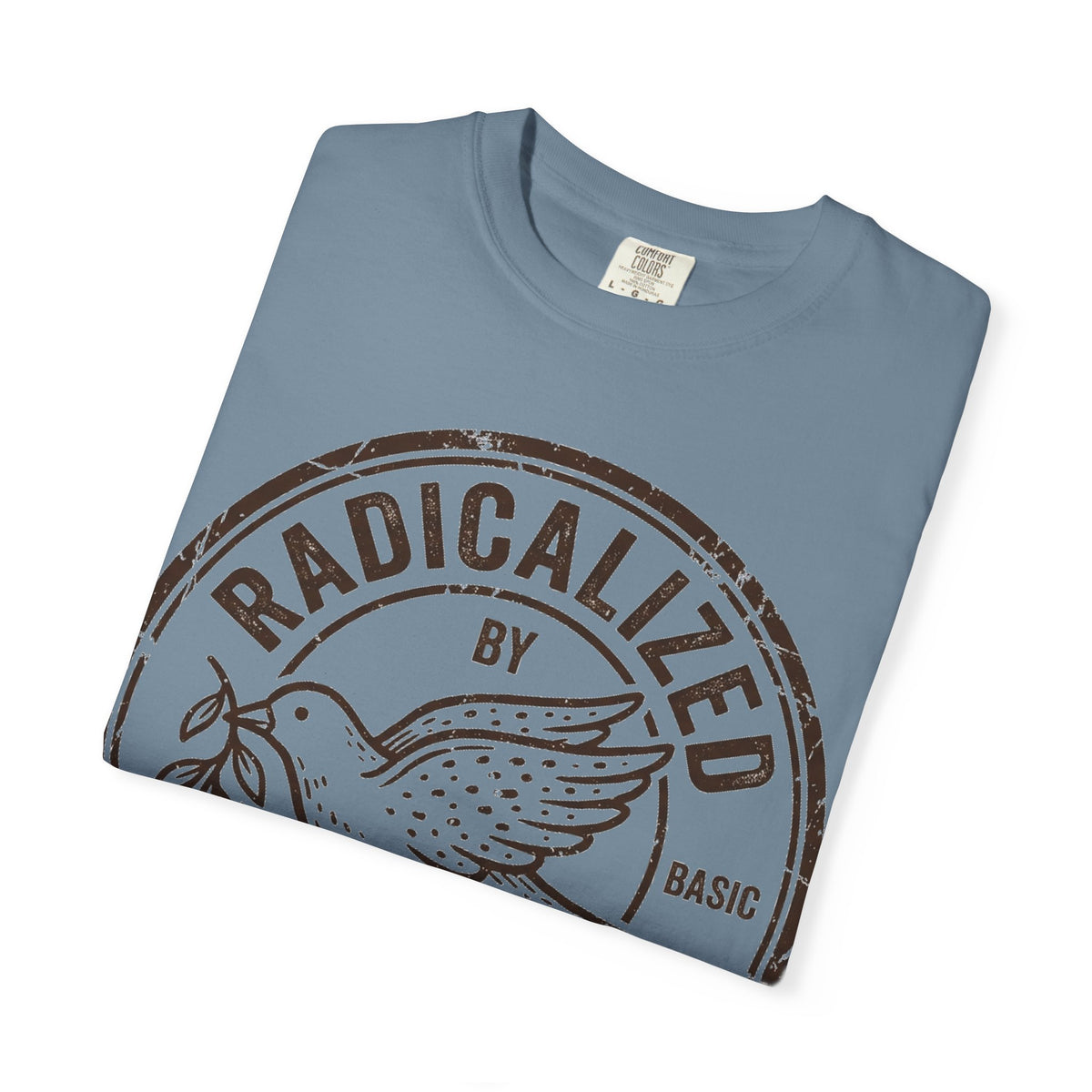 Radicalized By Basic Decency Brown Stamp Shirt, Flying Dove Badge Tee, Kindness Activist Shirt, Ally Gift