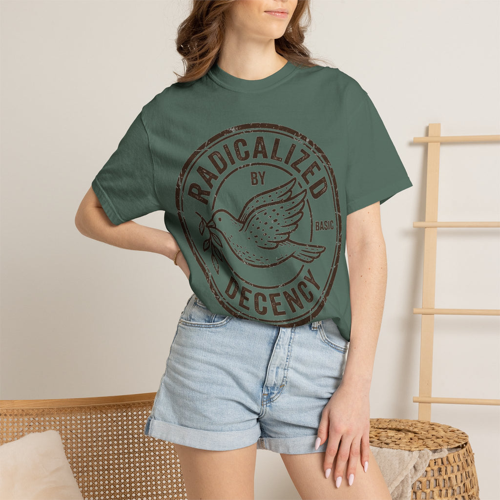 Radicalized By Basic Decency Brown Stamp Shirt, Flying Dove Badge Tee, Kindness Activist Shirt, Ally Gift