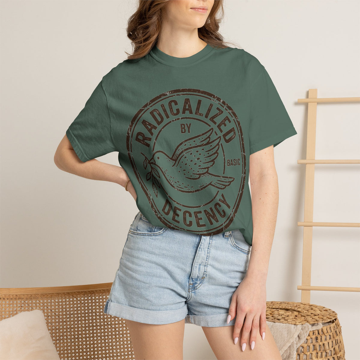 Radicalized By Basic Decency Brown Stamp Shirt, Flying Dove Badge Tee, Kindness Activist Shirt, Ally Gift