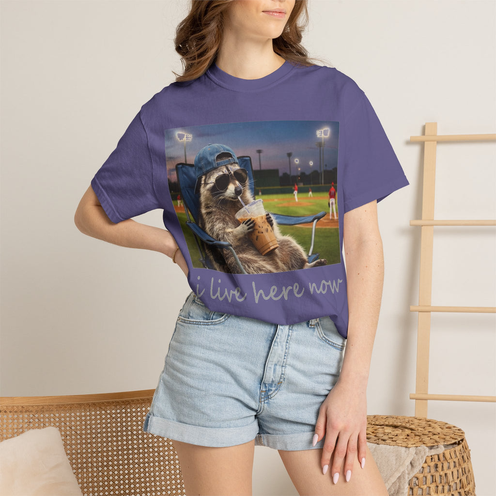 I Live Here Now Baseball Raccoon Shirt, Funny Sports Parent Tee, Iced Coffee Raccoon Shirt, Baseball Mom Gift