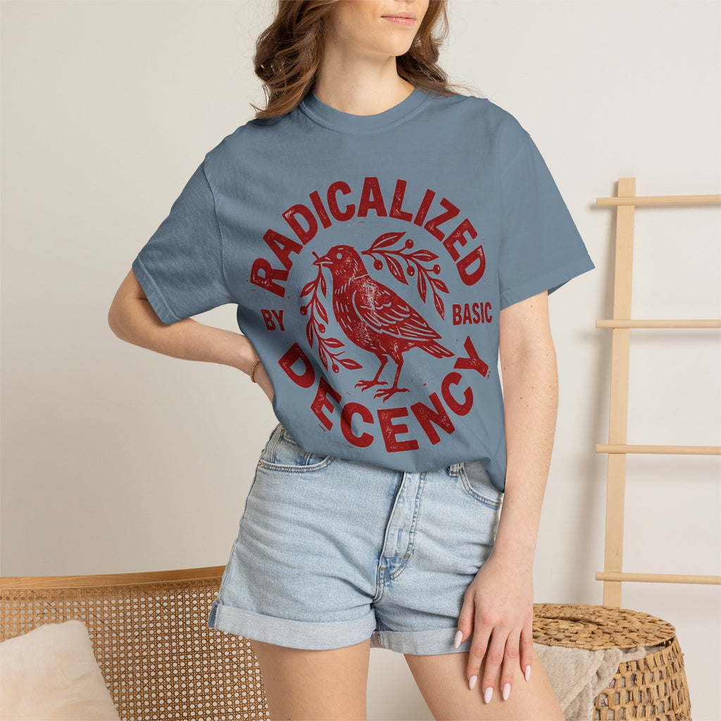 Radicalized By Basic Decency Red Bird Shirt, Folk Stamp Activist Tee, Kindness Protest Shirt, Ally Gift