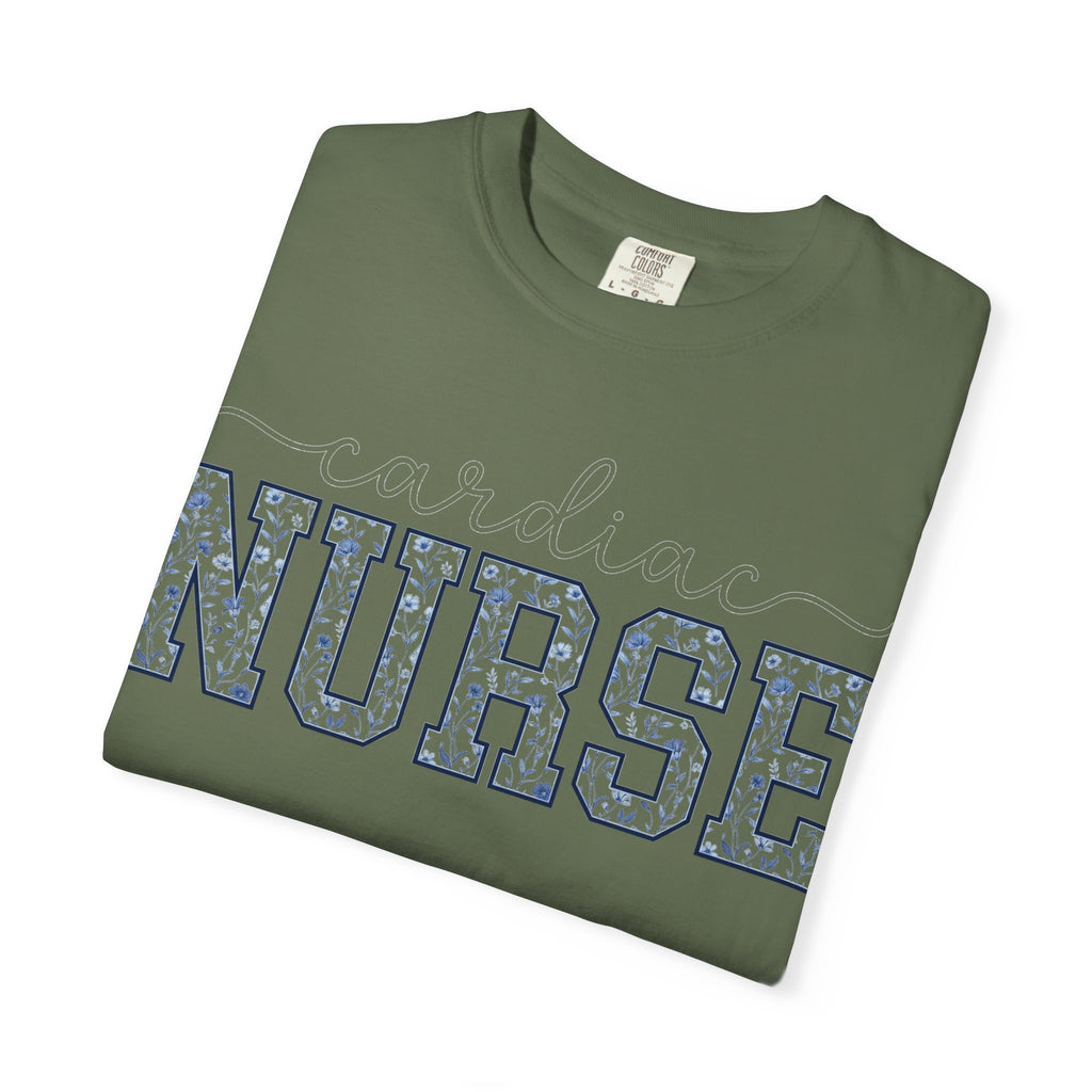 Cardiac Nurse Shirt, Blue Floral Varsity Nurse Tee, Cardiology RN Shirt, Cardiac Nurse Gift