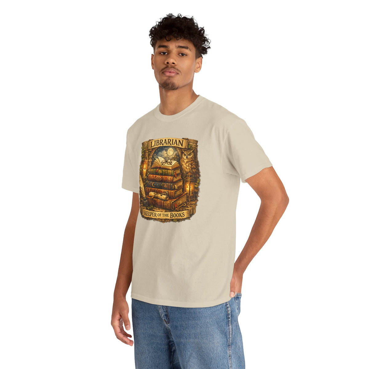 Librarian 'Keeper of the Books' T-Shirt — Vintage Bookstack & Owl Graphic