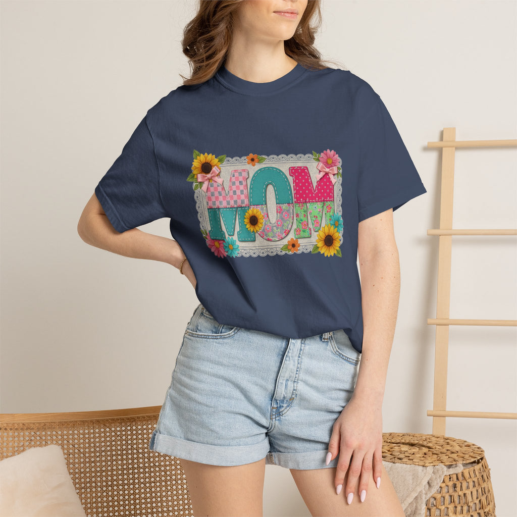 Mom Sunflower Applique Shirt, Faux Stitch Floral MOM Tee, Mothers Day Shirt, Mom Gift