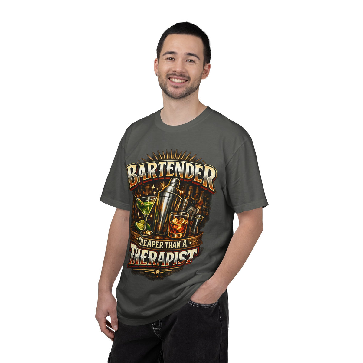 Bartender T-Shirt — "Bartender: Cheaper Than a Therapist" Vintage Bar Graphic Tee