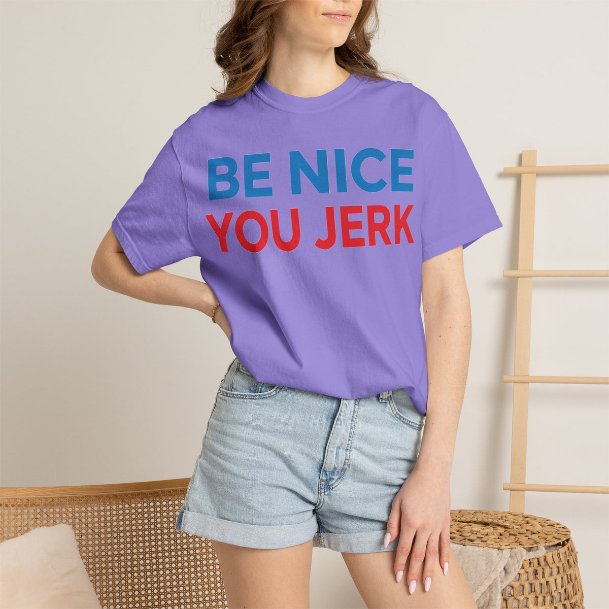 Be Nice You Jerk Wide Shirt, Funny Sarcastic Saying Tee, Light Blue And Red Shirt, Funny Friend Gift
