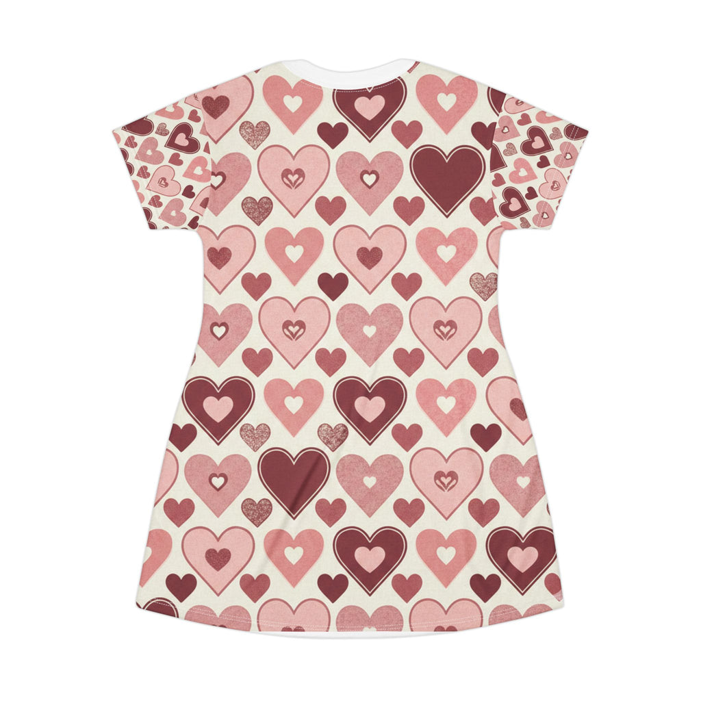 Pink Heart Pattern T‑Shirt Dress — Valentine’s Day All‑Over Print