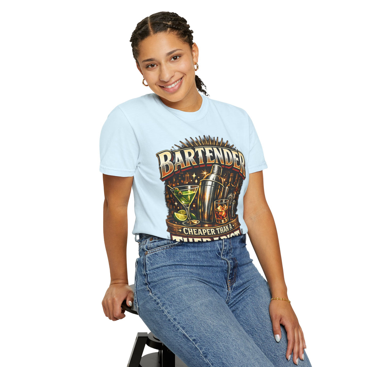 Bartender T-Shirt — "Bartender: Cheaper Than a Therapist" Vintage Bar Graphic Tee