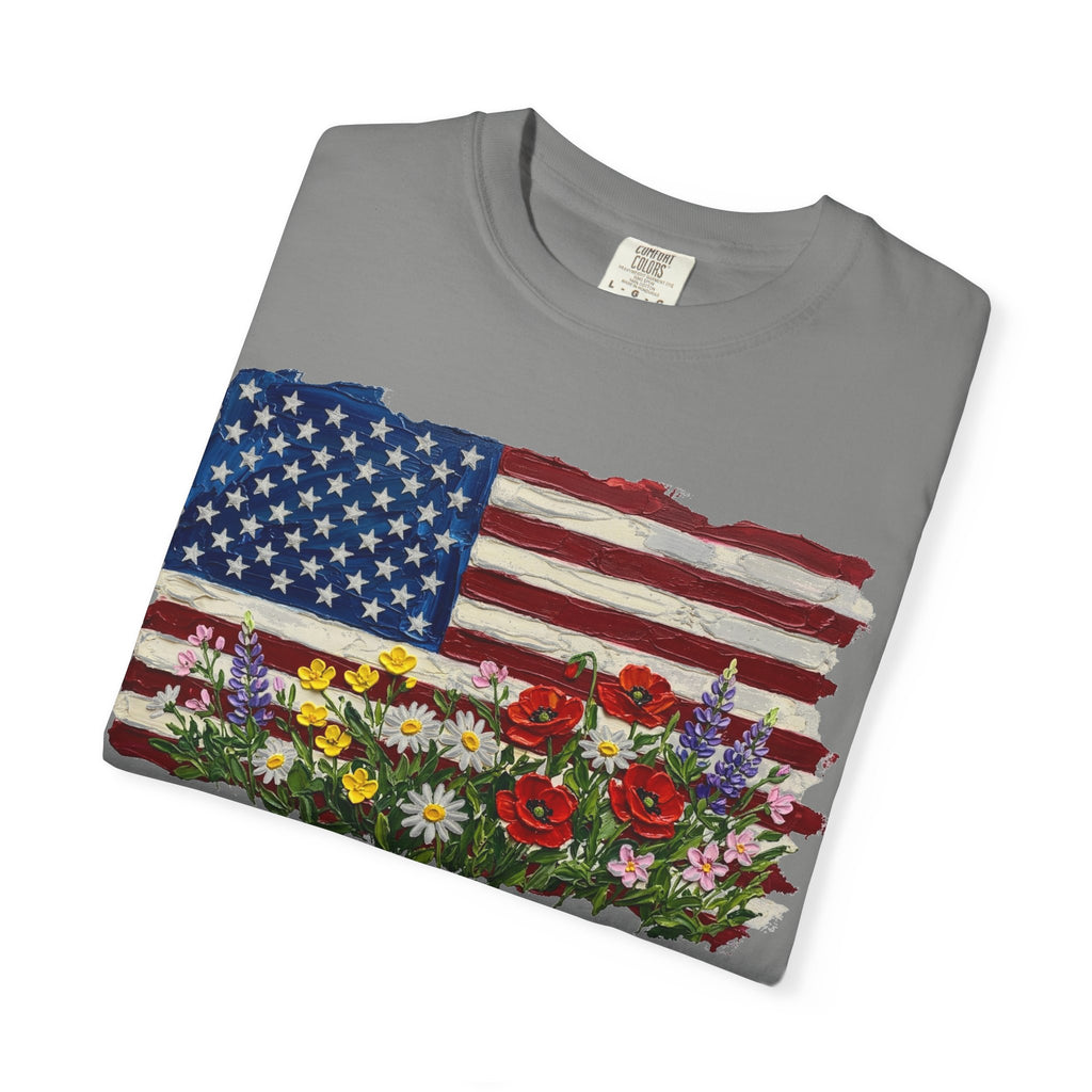 Painted Flag Wildflower Meadow Shirt, Impasto Americana Floral Tee, Patriotic Shirt, Independence Day Gift