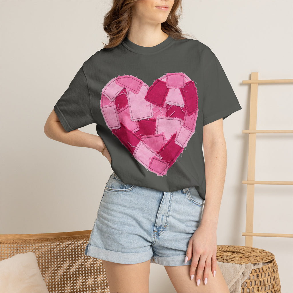 Patchwork Heart Shirt, Frayed Pink Quilt Heart Tee, Shabby Chic Valentine Shirt, Cozy Gift