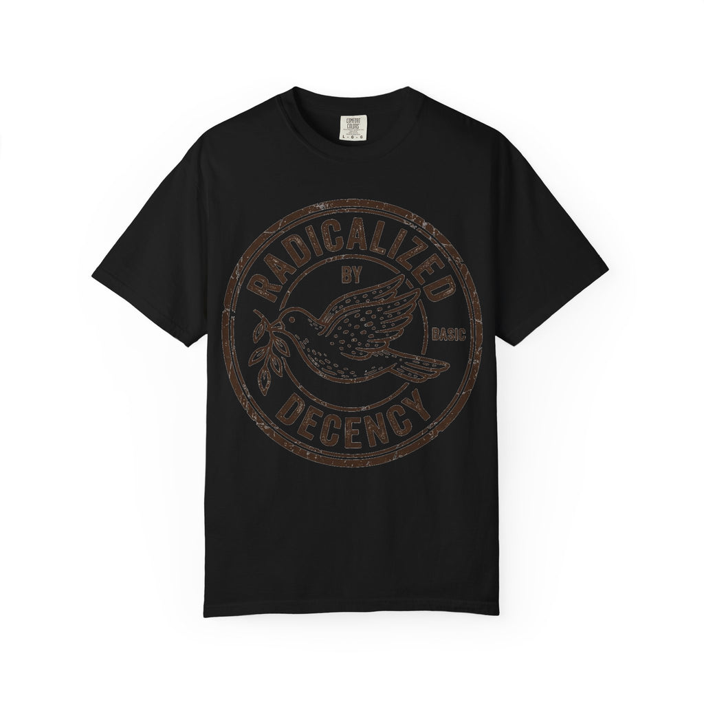 Radicalized By Basic Decency Brown Stamp Shirt, Flying Dove Badge Tee, Kindness Activist Shirt, Ally Gift