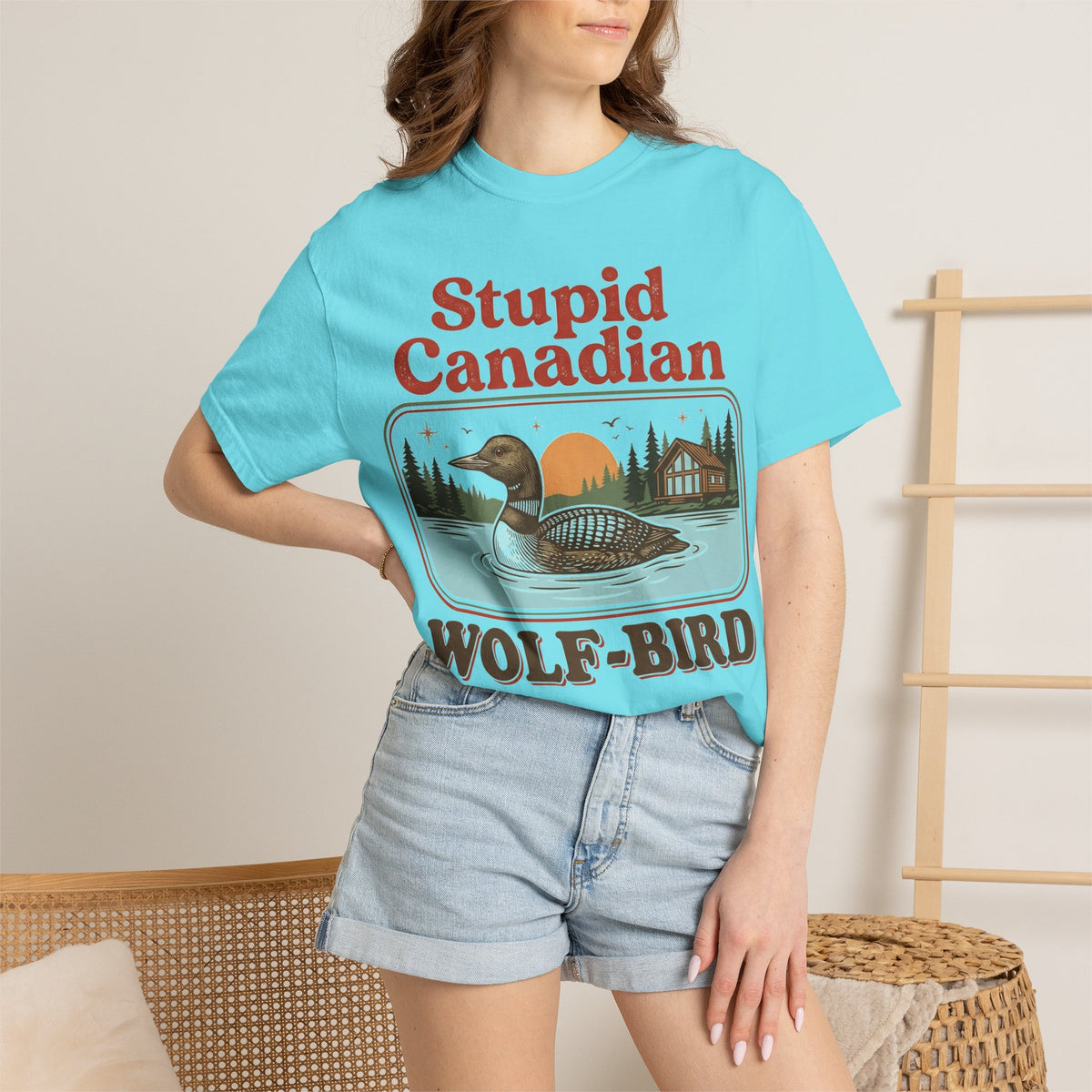 Stupid Canadian Wolf-Bird Classic Shirt, Loon Lake Scene Badge Tee, Funny Cabin Shirt, Lake Life Gift