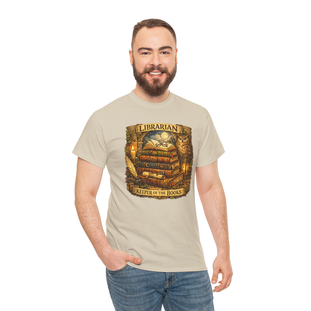 Librarian 'Keeper of the Books' T-Shirt — Vintage Bookstack & Owl Graphic