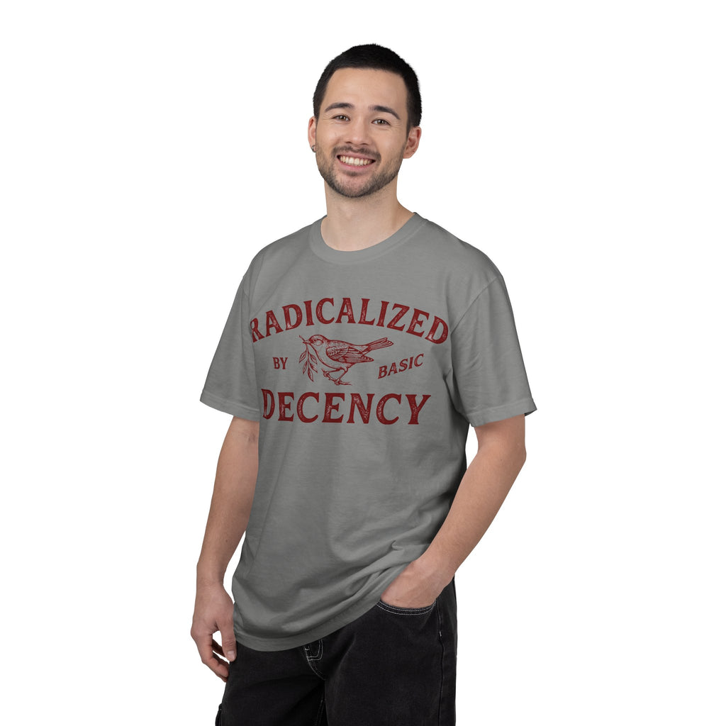 Radicalized By Basic Decency Bold Shirt, Engraved Bird Typography Tee, Kindness Statement Shirt, Protest Gift