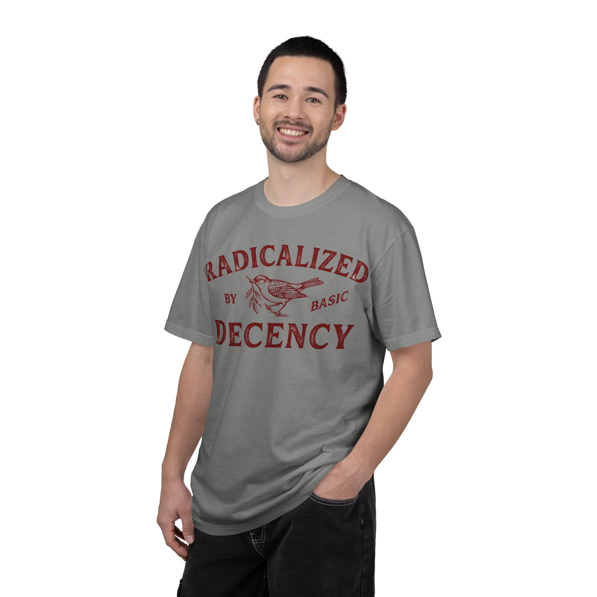 Radicalized By Basic Decency Bold Shirt, Engraved Bird Typography Tee, Kindness Statement Shirt, Protest Gift