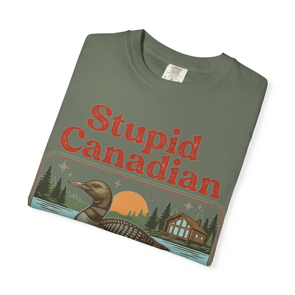 Stupid Canadian Wolf-Bird Classic Shirt, Loon Lake Scene Badge Tee, Funny Cabin Shirt, Lake Life Gift