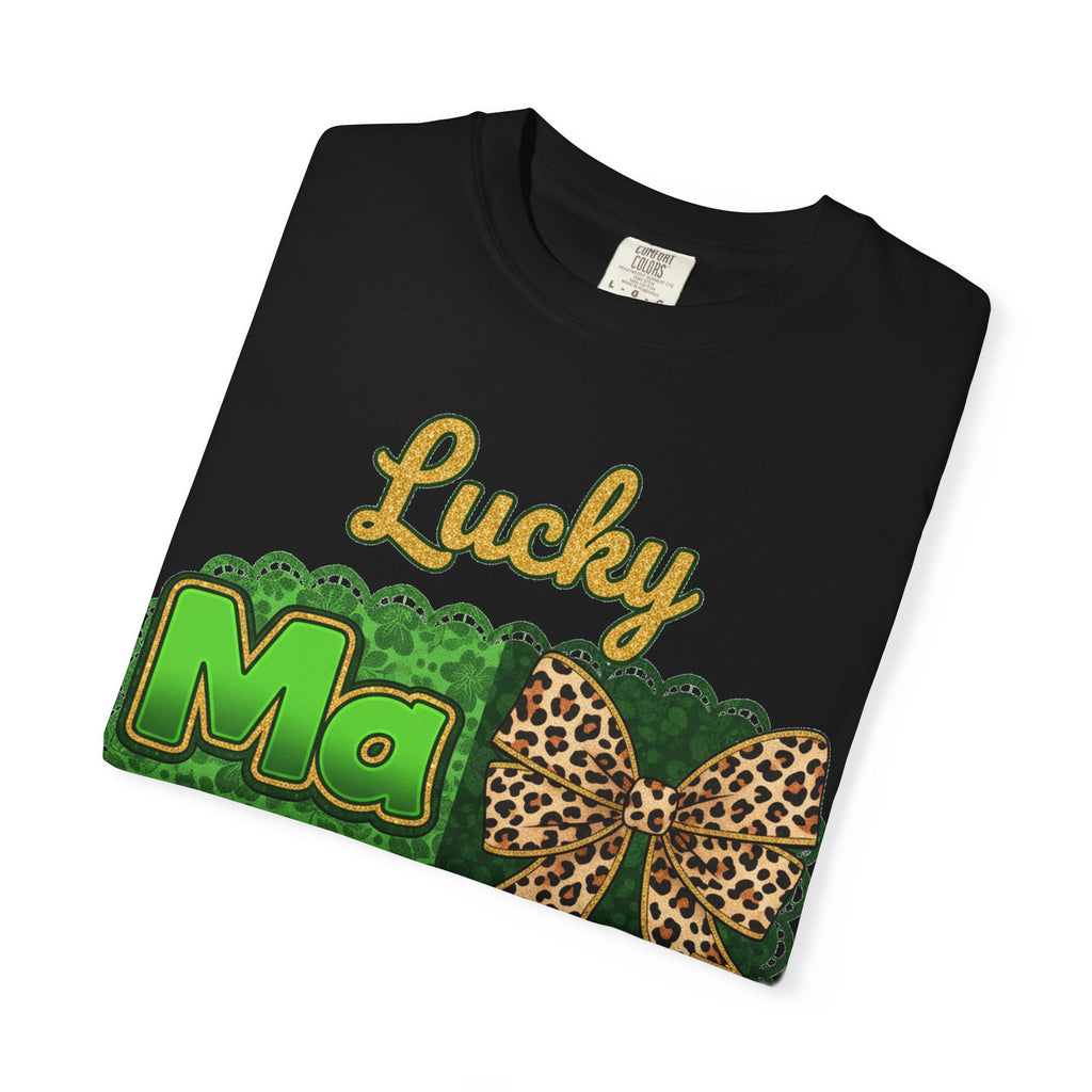 Lucky Mama Quad Shirt, Shamrock Leopard Bow Tee, St Patricks Day Mom Shirt, Irish Mama Gift