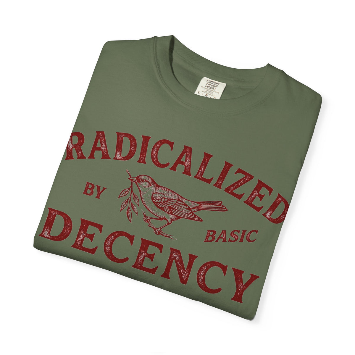 Radicalized By Basic Decency Bold Shirt, Engraved Bird Typography Tee, Kindness Statement Shirt, Protest Gift