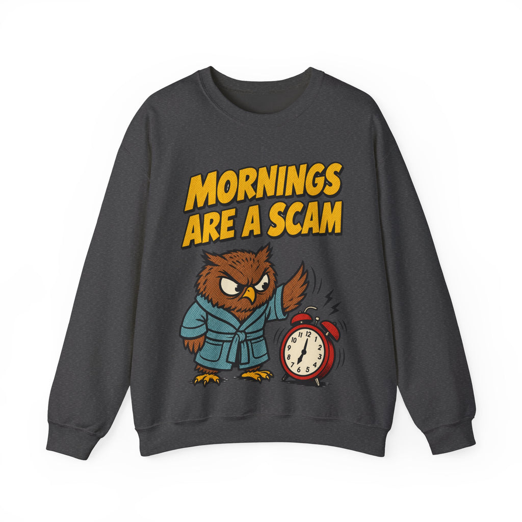 Sarcastic Sweatshirt Mornings Are A Scam | Grumpy Owl Comic Sweatshirt | Funny Not A Morning Person Gift | Anti Morning