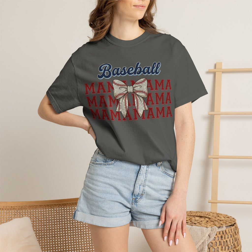 Baseball Mama Shirt, Stacked Varsity Mama Tee, Baseball Bow Mom Shirt, Game Day Baseball Mom Gift