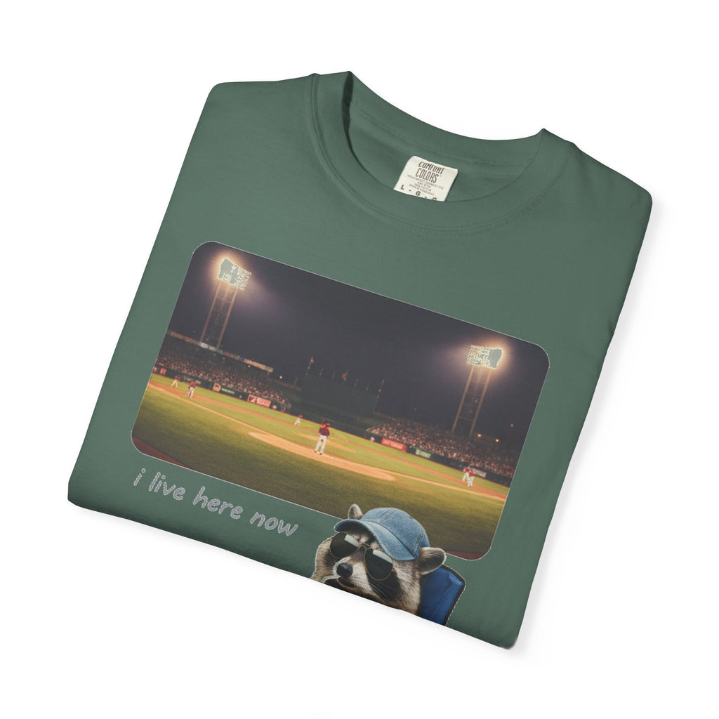 I Live Here Now Ballpark Raccoon Shirt, Funny Baseball Parent Tee, Camp Chair Raccoon Shirt, Sports Mom Gift