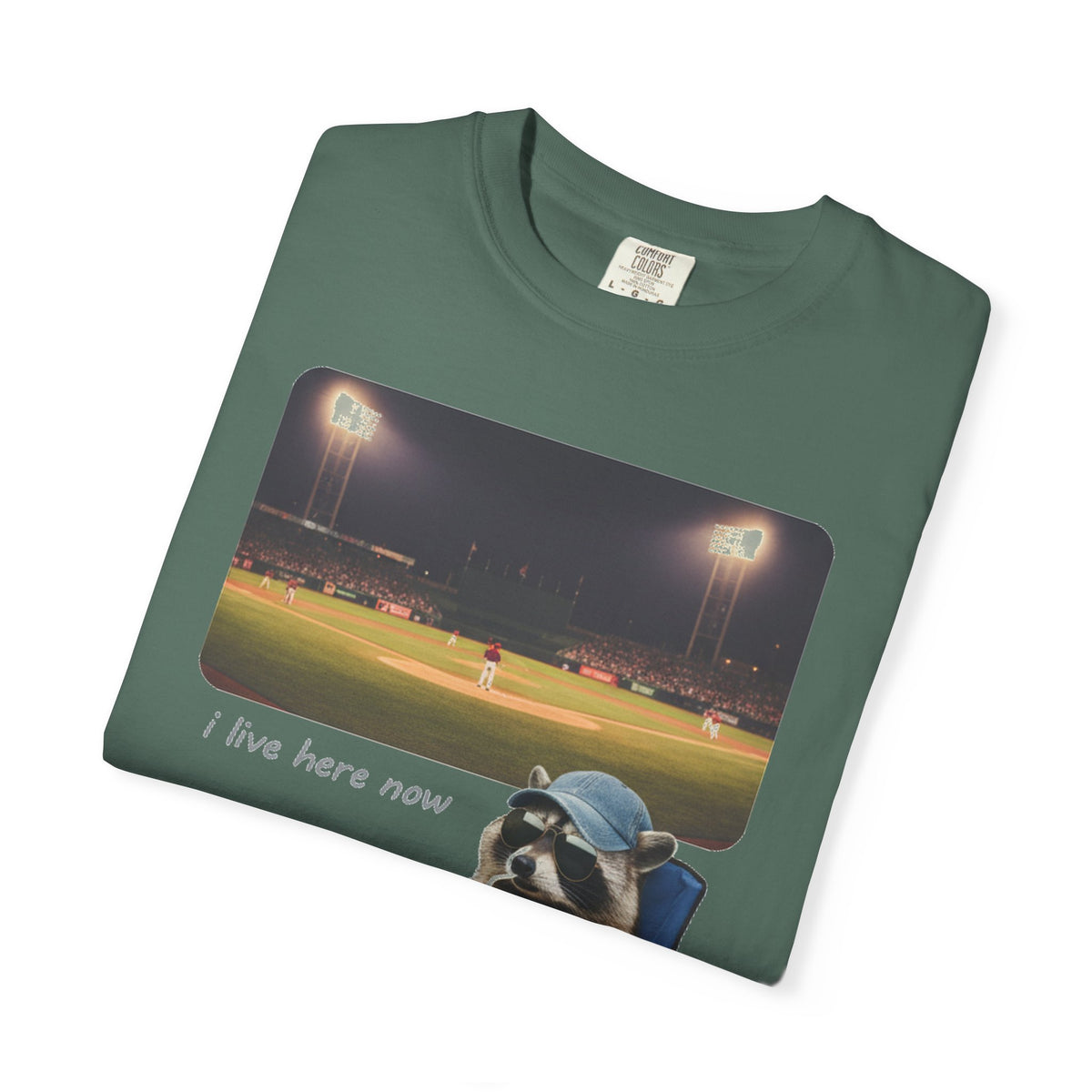 I Live Here Now Ballpark Raccoon Shirt, Funny Baseball Parent Tee, Camp Chair Raccoon Shirt, Sports Mom Gift