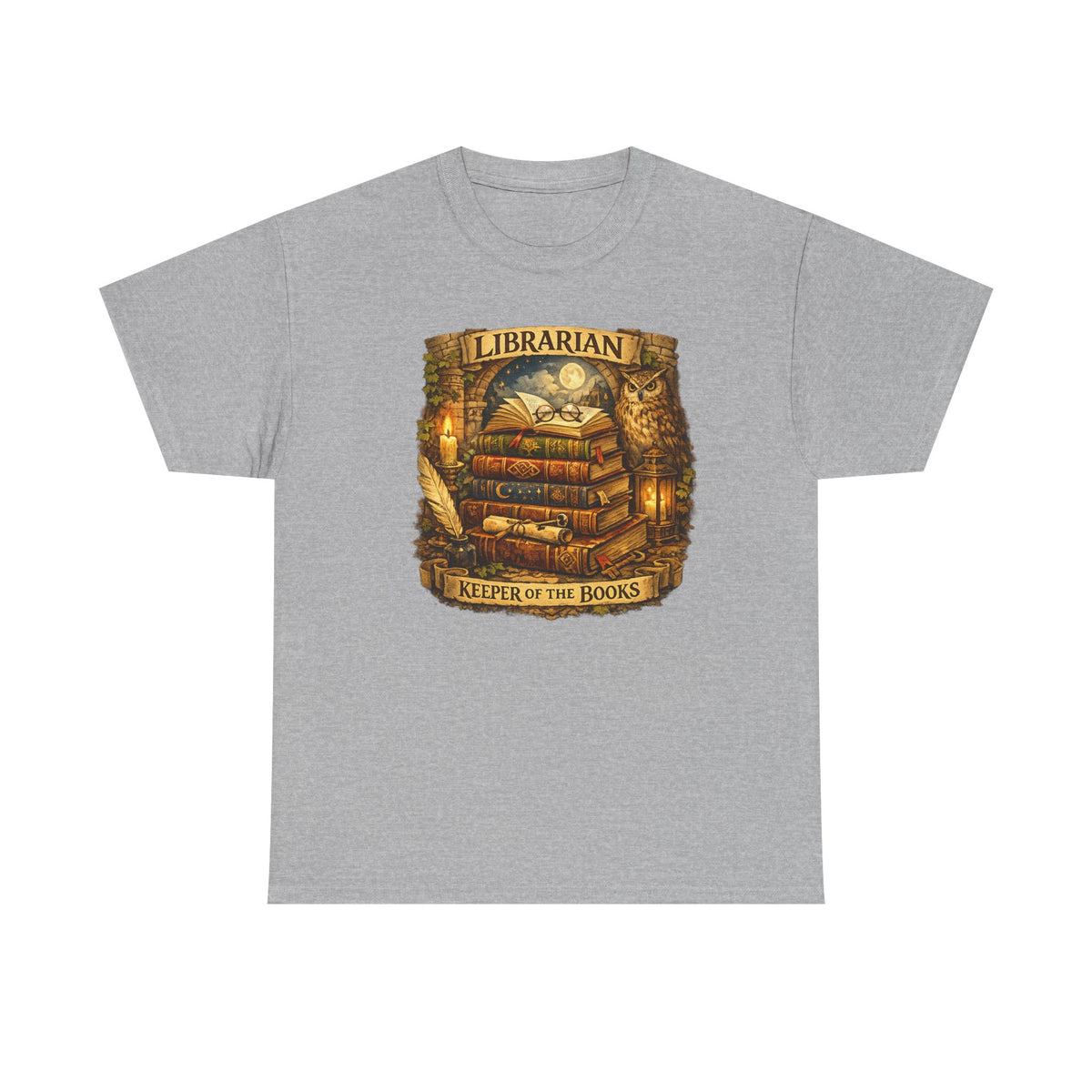 Librarian 'Keeper of the Books' T-Shirt — Vintage Bookstack & Owl Graphic