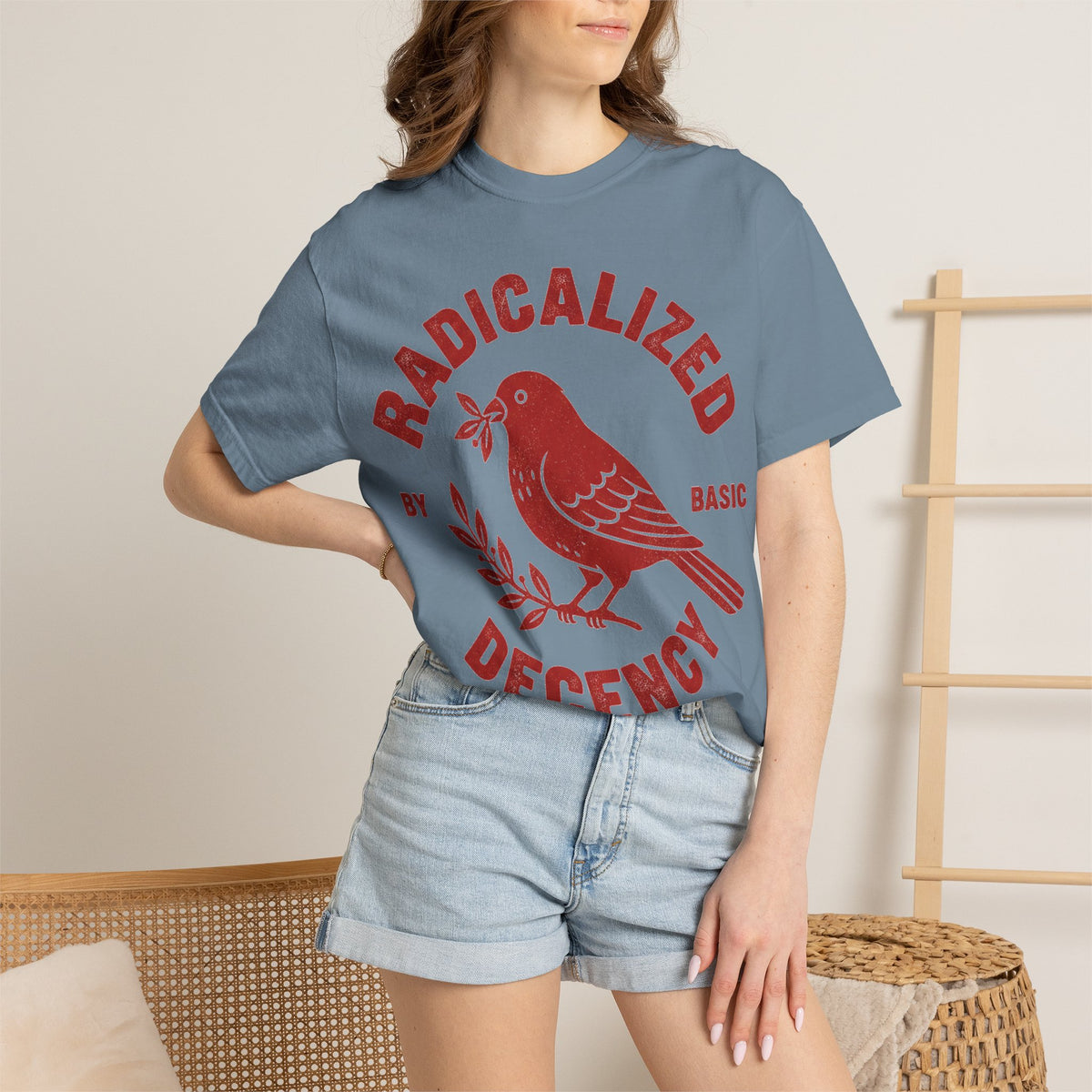 Radicalized By Basic Decency Arched Shirt, Red Folk Bird Tee, Kindness Statement Shirt, Activist Gift