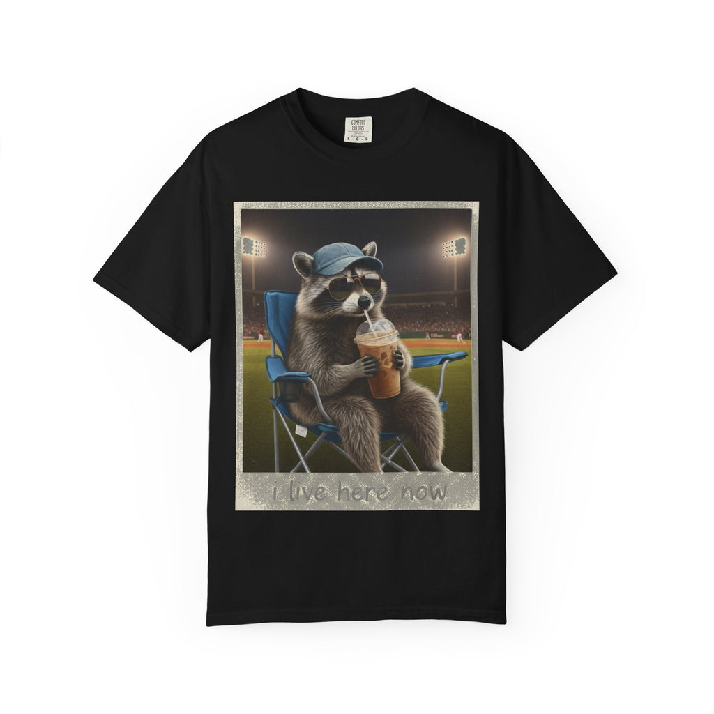 Baseball Raccoon Shirt, I Live Here Now Tee, Funny Ballpark Iced Coffee Shirt, Baseball Mom Gift