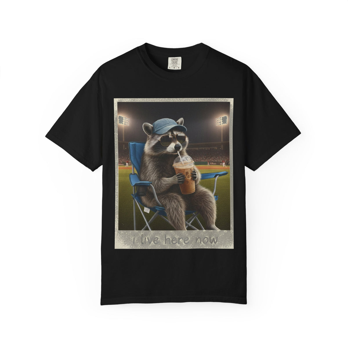 Baseball Raccoon Shirt, I Live Here Now Tee, Funny Ballpark Iced Coffee Shirt, Baseball Mom Gift