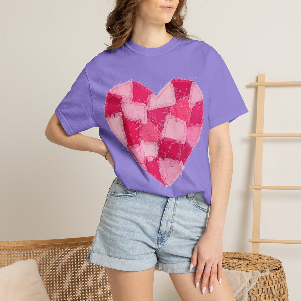 Hot Pink Patchwork Heart Shirt, Checkered Quilt Heart Tee, Frayed Applique Valentine Shirt, Gift For Her