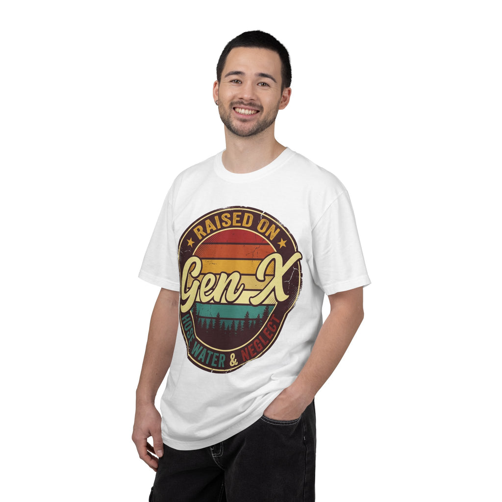 Gen X Retro Badge T-Shirt — "Raised on Gen-X" Vintage Sunset Tee